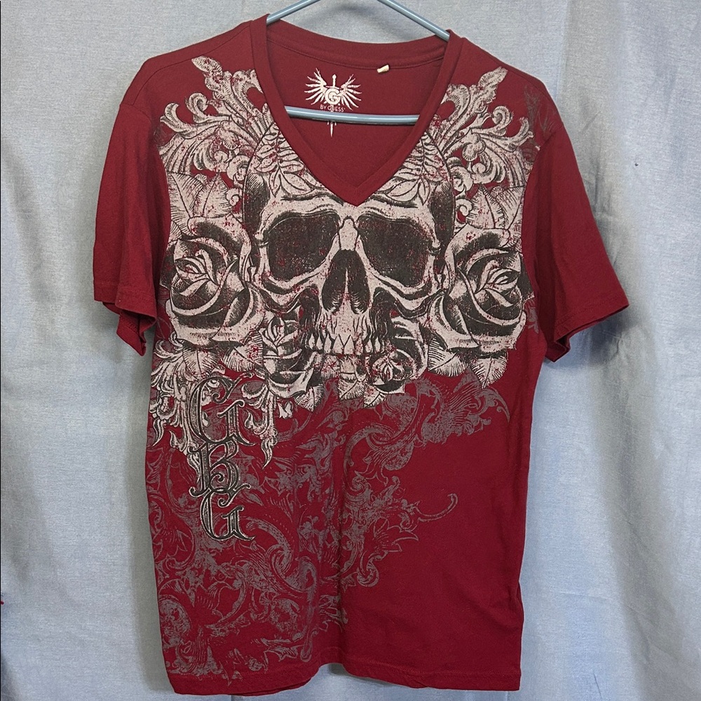 GUESS Red Skull and Rose V-Neck Tee for mens